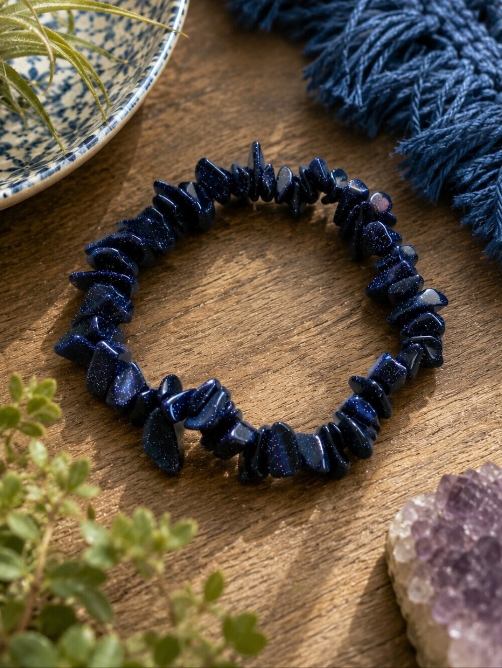 Blue Goldstone Chips Stretch Bracelet Handmade Boho Whimsygoth Celestial